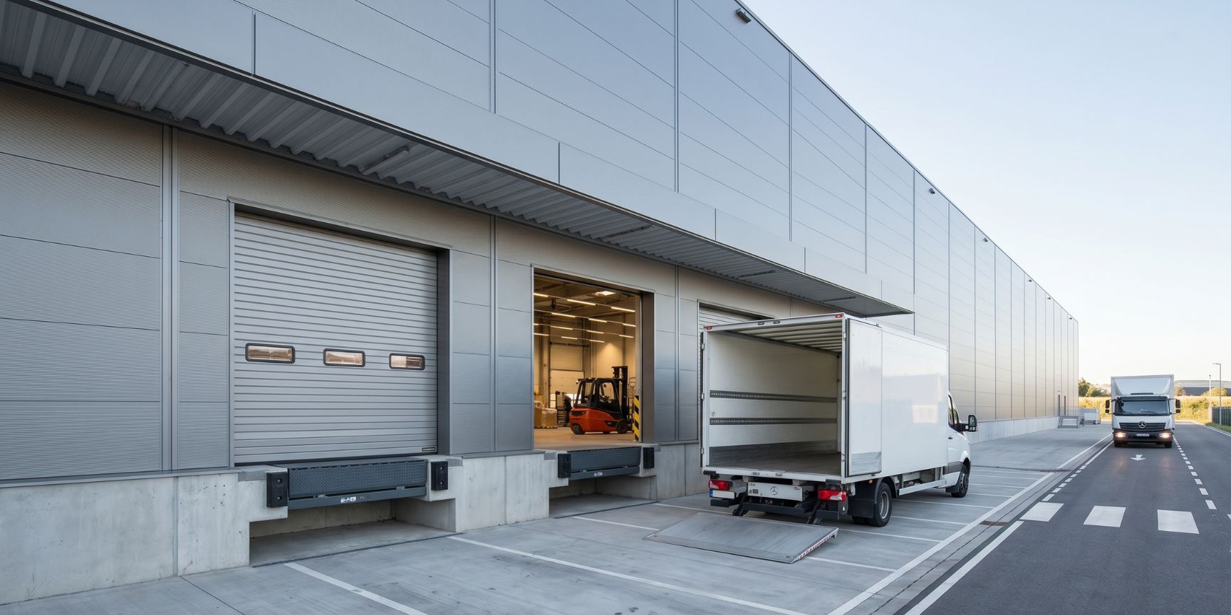 View of several loading points at a modern logistics property with bascule wedge bridges. Truck docked, view into the illuminated warehouse with forklift traffic.